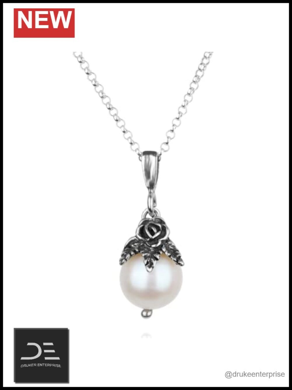 Sterling Silver Freshwater Pearl Pendant Necklace 18" Floral Cap